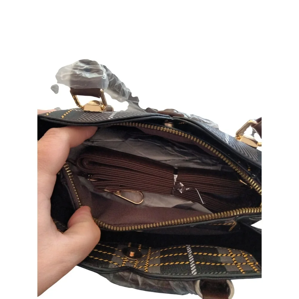 Plaid Satchel Handbag‎ Grey Black Yellow Triple Compartment Crossbody